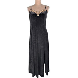 Delicates Velvet Maxi Slip Dress Sz S Black Embroidered Goth Sexy Dark Feminine